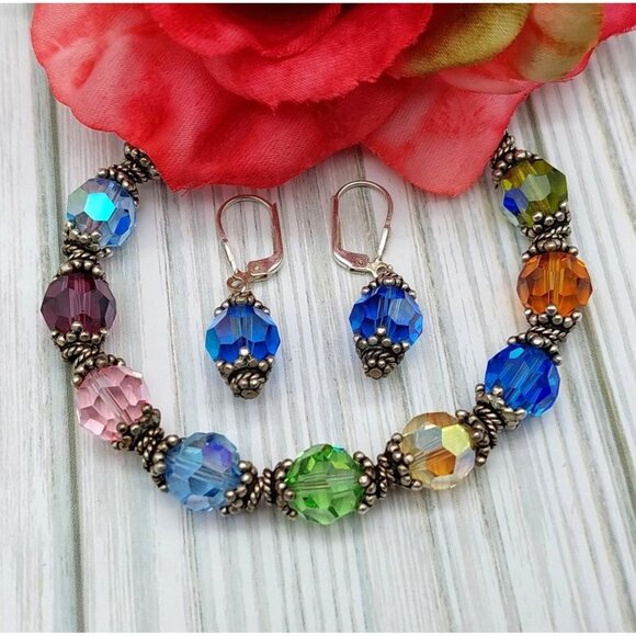 Cute Bracelet & Dangle Earrings Set 925 & Faceted Crystal Beads Toggle Clasp 8" - Picture 1 of 12